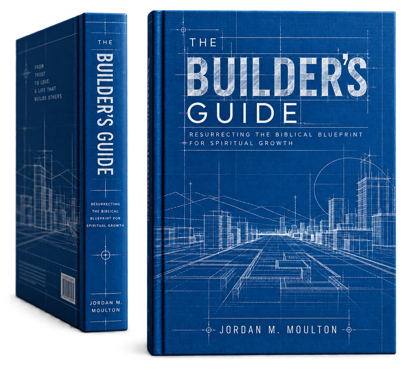 Preliminary blue book-cover concept for The Builder’s Guide, featuring architectural construction lines